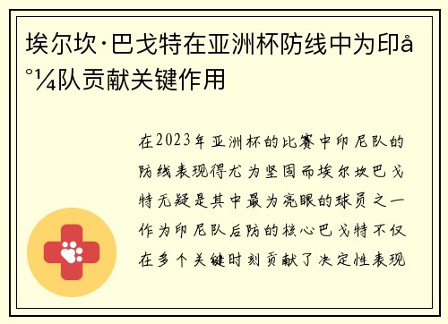 埃尔坎·巴戈特在亚洲杯防线中为印尼队贡献关键作用 埃尔坎·巴戈特在亚洲杯防线中为印尼队贡献关键作用